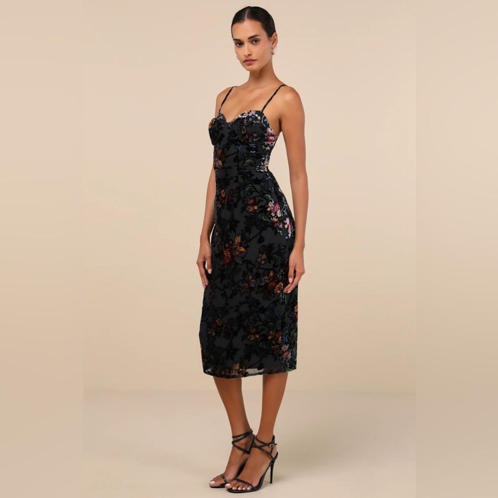 Lulus Moody Allure Black Floral Velvet Burnout Lace-Up Midi Dress - Picture 3 of 7